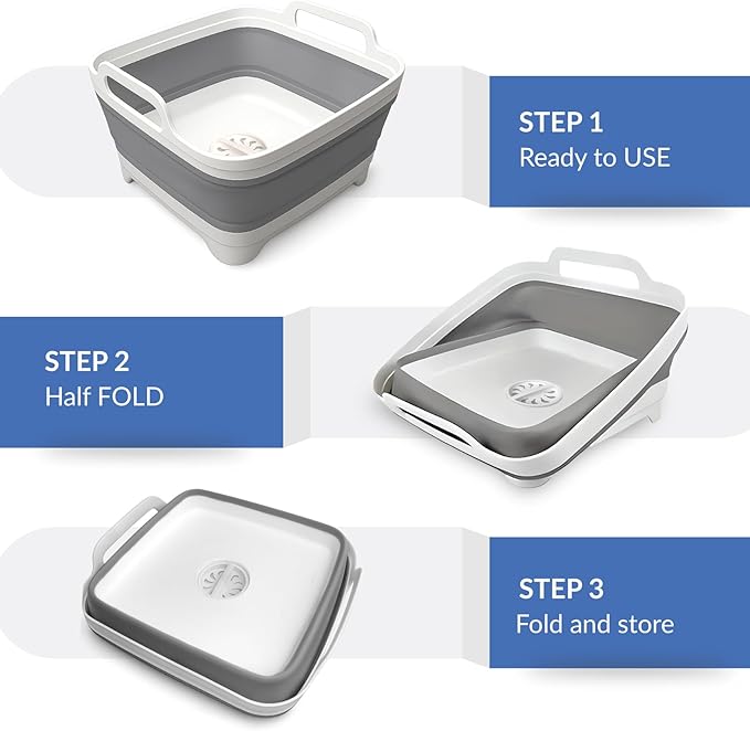 Collapsible Dish Basin - 2.4 Gal (9L) with Drain Plug – Foldable Multiuse Sink Tub for Kitchen, Camping, RV, Dishwashing & Vegetable Washing (Gray)