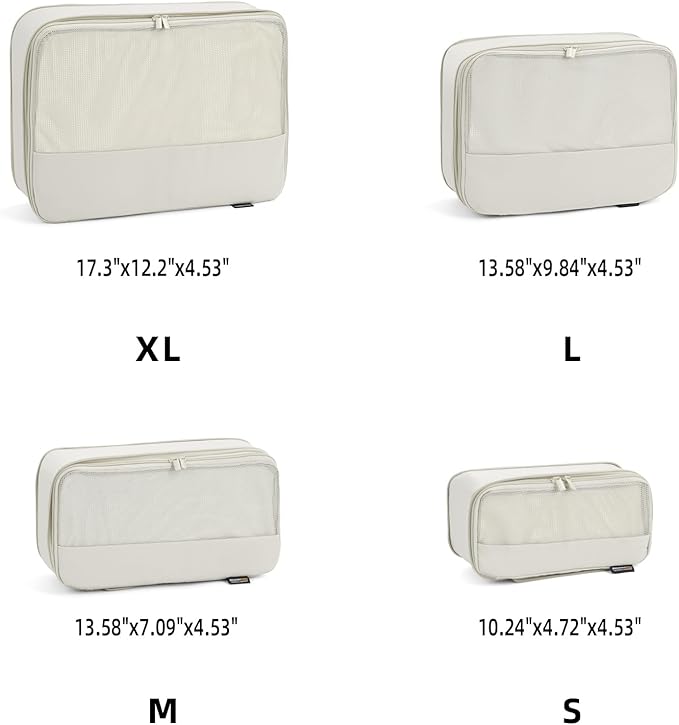 4 Piece Compression Packing Cubes for Suitcases and Backpack, Lightweight Travel Organizers (Off-White)