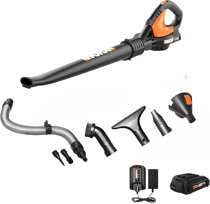 WORX WG545.1 20V Cordless Leaf Blower, Electric Blowers for Lawn Care with 120 MPH & 3.5 Lbs, Long Nozzle Design for Narrow Spaces with Cleaning Attachments, Battery & Charger Included