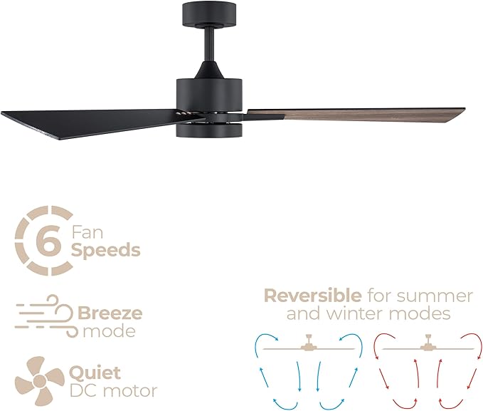 Bali Smart 3-Blade 52in Ceiling Fan 2700K-6000K CCT Selectable LED Light Kit with Remote Control and Black Hardware with Reversible Blades in Weathered Wood or Black Works With iOS or Android App
