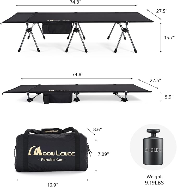 MOON LENCE Height Adjustable Camping Cot - Supports 330 lbs, Portable Folding Bed with Leg Extenders for Camping, Hiking, Sleeping, Black