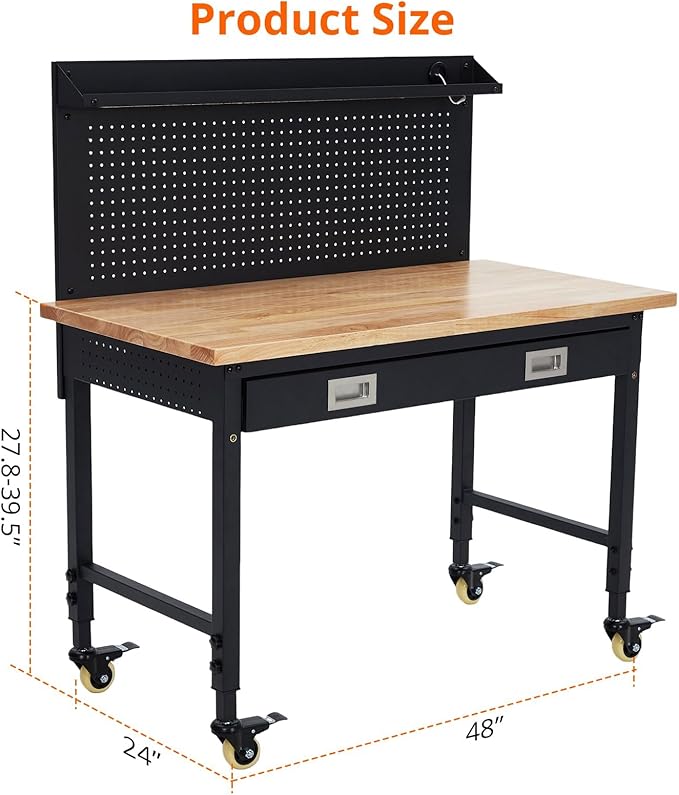 Work Bench 48" Adjustable Height, Heavy-Duty Portable Workbench with Power Outlets and Drawer for Garage & Workshop, 2000 LBS Load Capacity Large Pegboard, Work Table for Office, Home, Easy Assembly