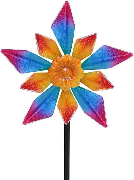 10" Small Metal Wind Spinner for Garden, 48" Tall Outdoor Flower Yard Decoration – Rainbow Gradient Petals, Weather-Resistant Garden Stake Spinner for Patio & Planter