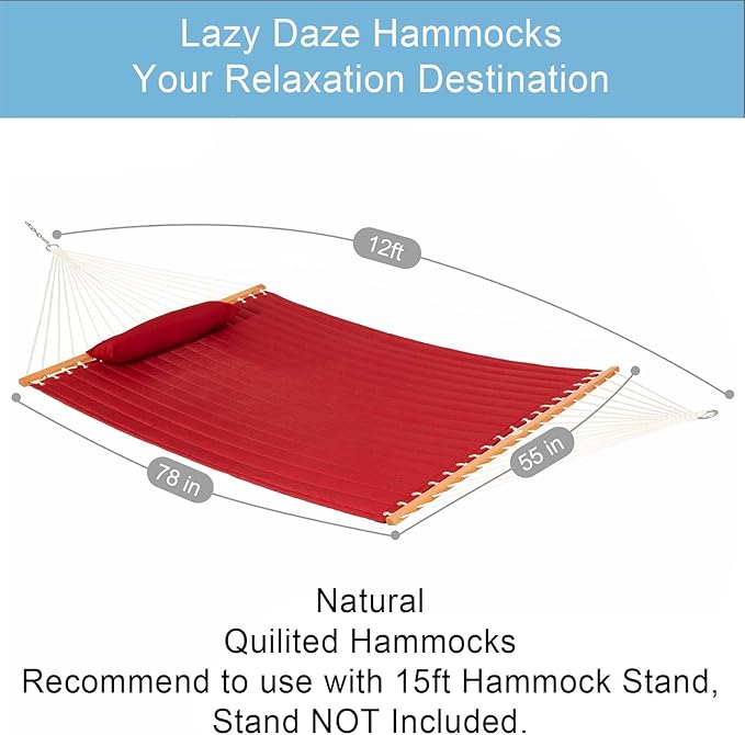 Lazy Daze Hammocks 12 FT Double Quilted Fabric Hammock with Spreader Bars and Detachable Pillow, 2 Person Hammock, 450 LBS Weight Capacity, Burgundy
