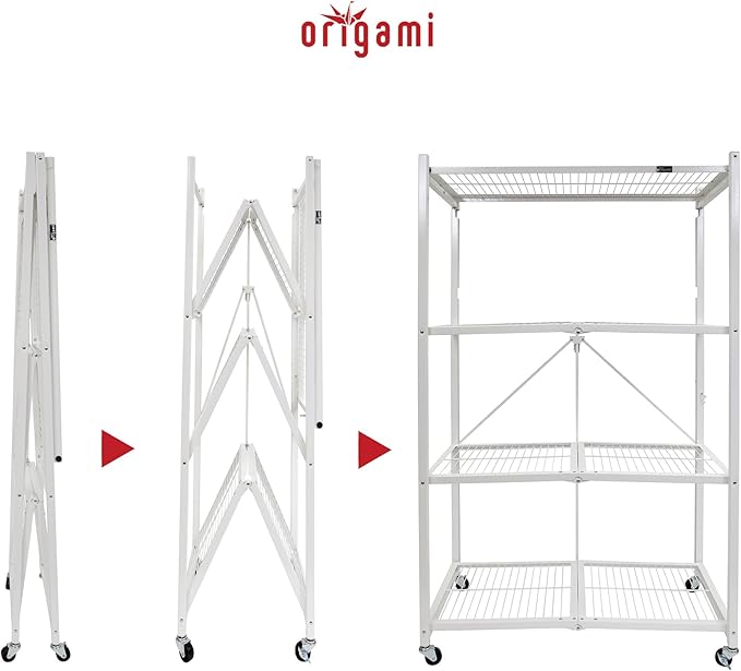 Origami 2-Pack R5 Storage Rack, 4-Tier Heavy-Duty Foldable Steel Shelf with Wheels, White