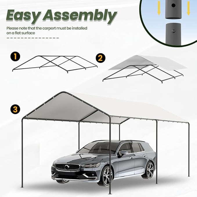 Carport, 10‘ x 20’ Heavy Duty Portable Garage All-Season Car Canopy w/Removable Sidewall & Doors, Carport Canopy Party Tent w/Water-Resistant Tarp for Backyard (White, 10' x 20' /no Side)