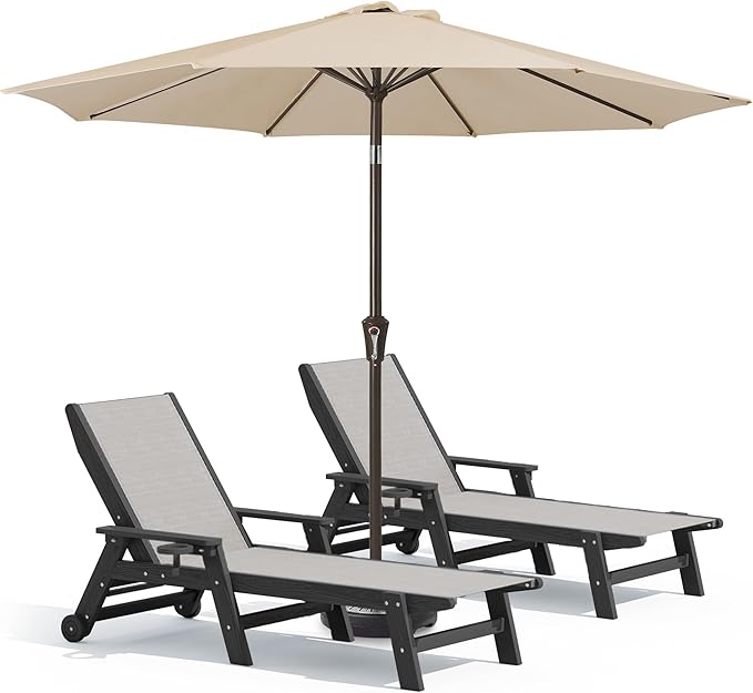 SERWALL Textilene Patio Chaise Lounge Chair Set of 2 with 9FT Patio Umbrella, 5 Positions Outdoor Lounger with Rolling Wheels for Pool, Deck, Black