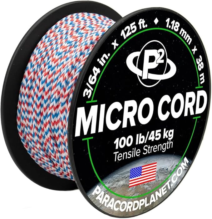 Paracord Planet Micro Paracord – Thin Braided Cord for Crafting, Fishing, and DIY Projects in 125 ft Spools – Red, White & Blue