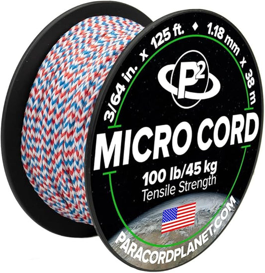Paracord Planet Micro Paracord – Thin Braided Cord for Crafting, Fishing, and DIY Projects in 125 ft Spools – Red, White & Blue