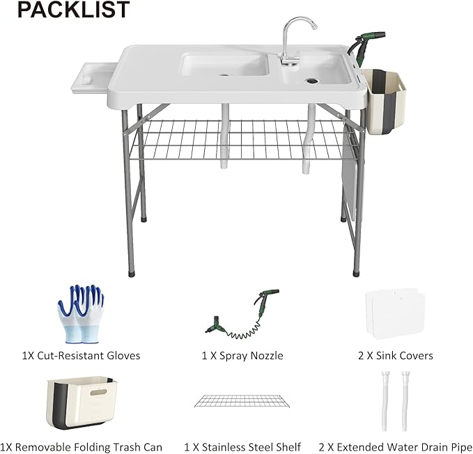 42.5" Fish Cleaning Table with Dual Sink, Portable Folding Camping Table with Faucet, Sprayer, Grid Rack, Hose Hook Up & Knife Groove, Outdoor Sink Station for Picnic Beach Patio