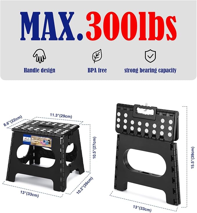 ACKO Folding Step Stool Foldable Step Stools for Kids, 11 Inch Foot Stool Black Plastic Step Stool with Portable Handle Small Stool Hold up to 300lbs for Bathroom, Kitchen 1PC
