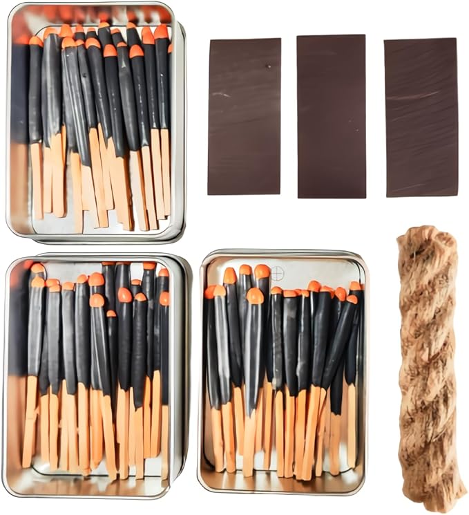 Emergency Fire Starter Kit – 20 Waterproof Windproof 3“ Matches in Tin Can + Wax Infused Hemp Cord, Burns Underwater & After Burial for Survival, Camping, Hiking, Bushcraft (3 Tins + Thick Rope)