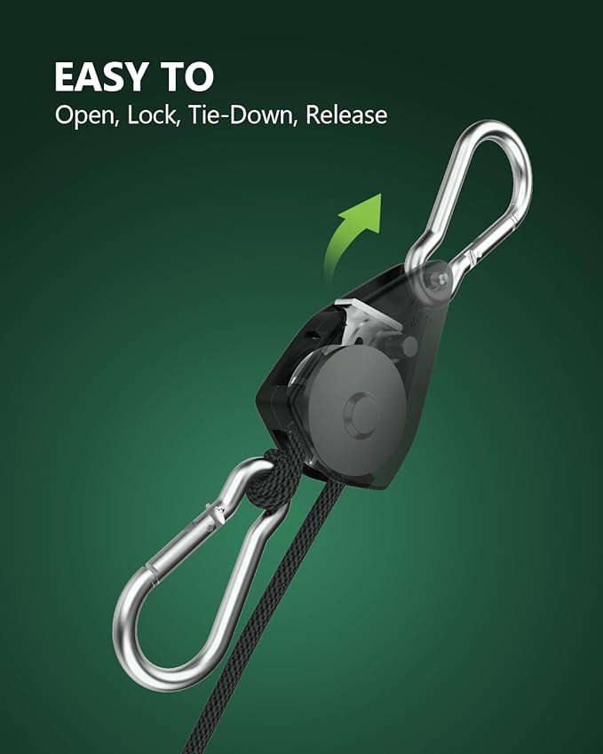 4-Pack 1/8" Adjustable Rope Hanger, Heavy Duty Ratchet Tie Down Strap with Reinforced Metal Gear, Ratcheting Pulley System Kayak Straps for Hanging Plants Grow Light and Various Tie-Down Uses