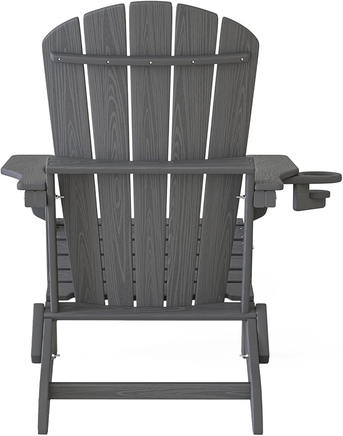 Folding Adirondack Chair, SGS Tested, Wooden Textured with Cup Holder, Heavy All-Weather HDPE Comfortable Set Poolside Backyard Lawn Grey