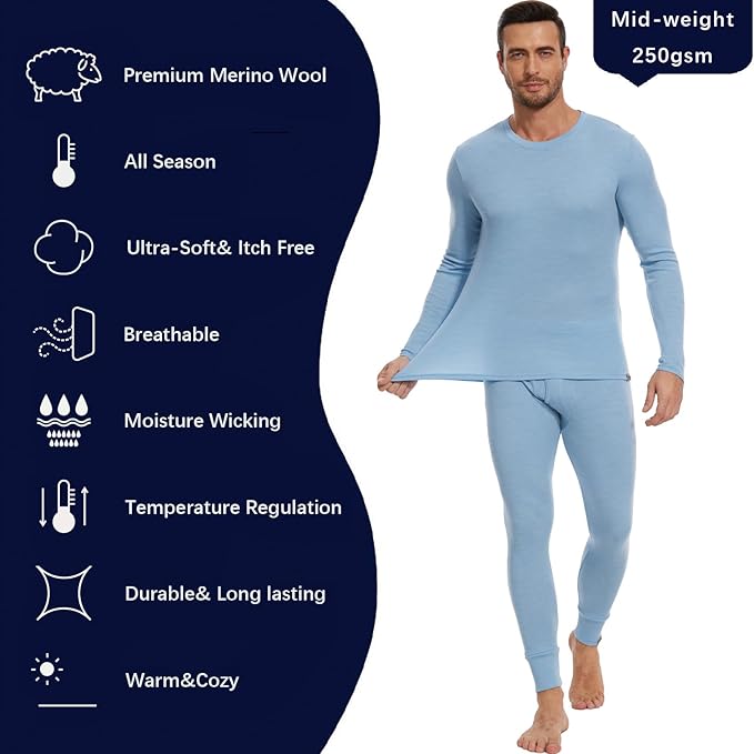 MERINNOVATION Merino Wool Base Layer Set for Men 100% Merino Wool Thermal Underwear Long Sleeve