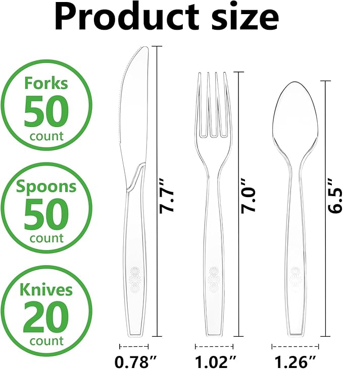 120 Count Plastic Silverware Heavy Duty-50 Forks,50 Spoons,20 Knives,BPA-Free,Disposable Plastic Utensils Set,PlasticCutlery Set,Suitable for Party Everyday Use