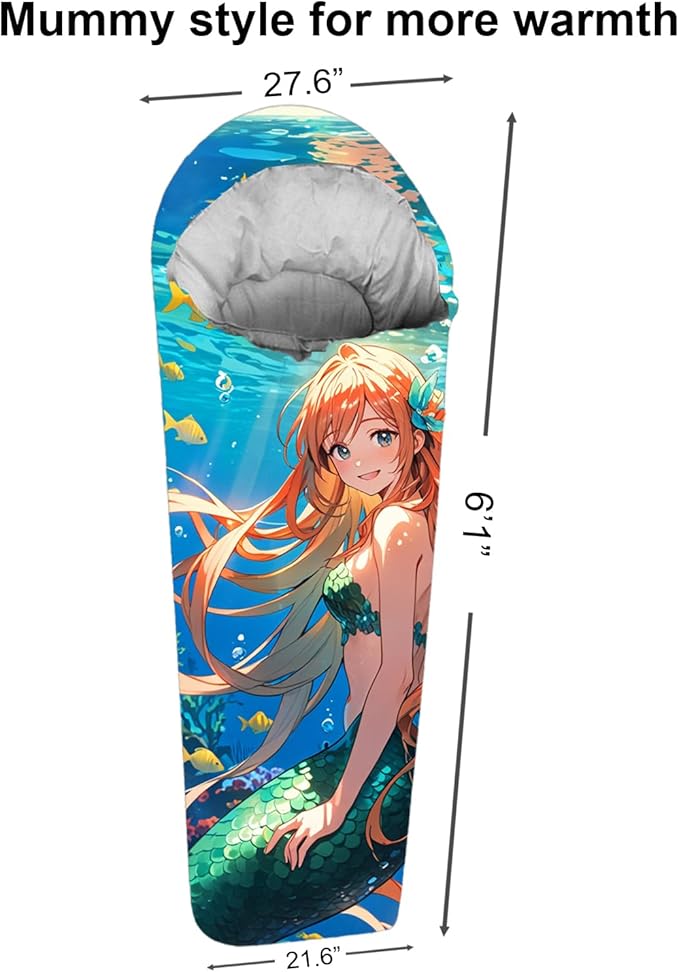 Mummy Style 32 – 59F Kids Sleeping Bag with Pillow Sleeve, Full Scale Digital Printing Unicorn, Mermaid, Kitty or Puppy, Lightweight, Ideal for Camping, Sleepover, Boys, Girls, Youth and Toddlers