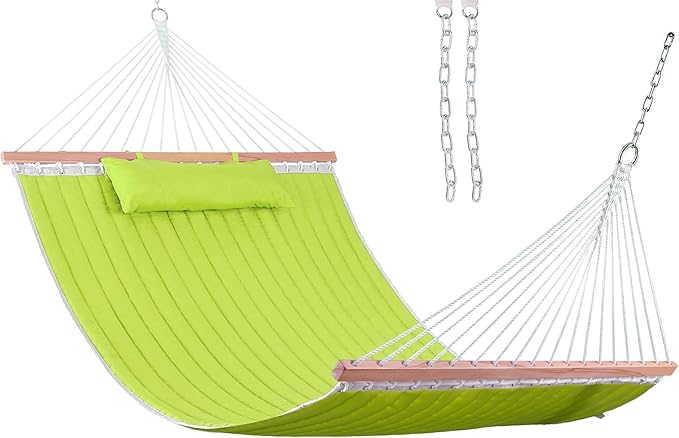 Lazy Daze Hammocks Quilted Fabric Double Hammock with Pillow, Spreader Bar Swing for Two Person (Light Green)