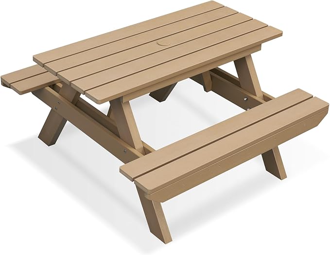 Psilvam Picnic Table - Heavy Duty Poly Lumber with Umbrella Hole & Integrated Benches, 100% Waterproof All-Weather for Patio, Garden (Teak Color)