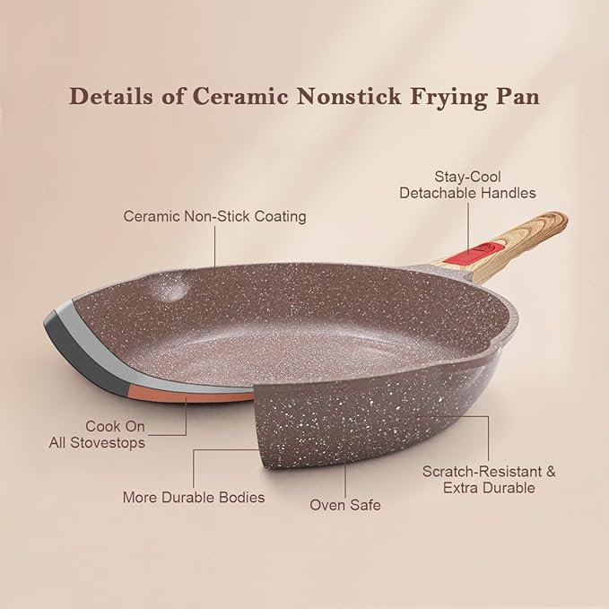 Nonstick Ceramic Deep Frying Pan Set, 10" and 11" Healthy Frying Pan Skillet Set with Removable Handle, Oven Safe, PFAS PFOA & PTFE Free (Brown)