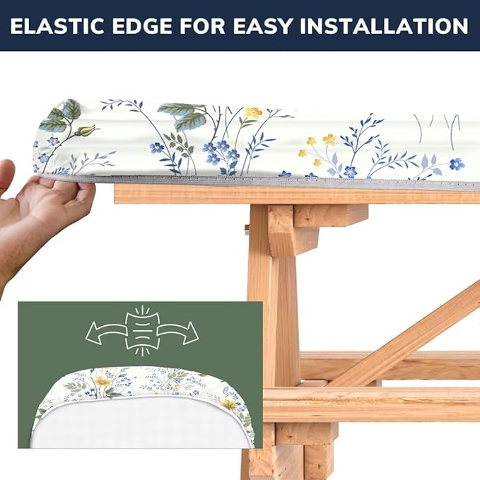 CAPSCEOLL Elastic Picnic Table Cover with Bench Covers 5Ft Waterproof Fitted Picnic Table Cover Cloths for Outdoors Camping Tablecloth with Drawstring Bag, 60X30in, Blue Yellow Flowers