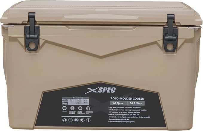 Xspec 60 Qt XL Roto Molded High Performance Camping Cooler Ice Chest | Extra Large Pro Tough Durable Outdoor Overland Rotomolded Hard Cooler