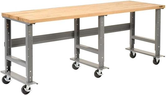 Global Industrial Mobile Adjustable Height Workbench, Maple Butcher Block Square Edge, 96" W x 36" D, Gray