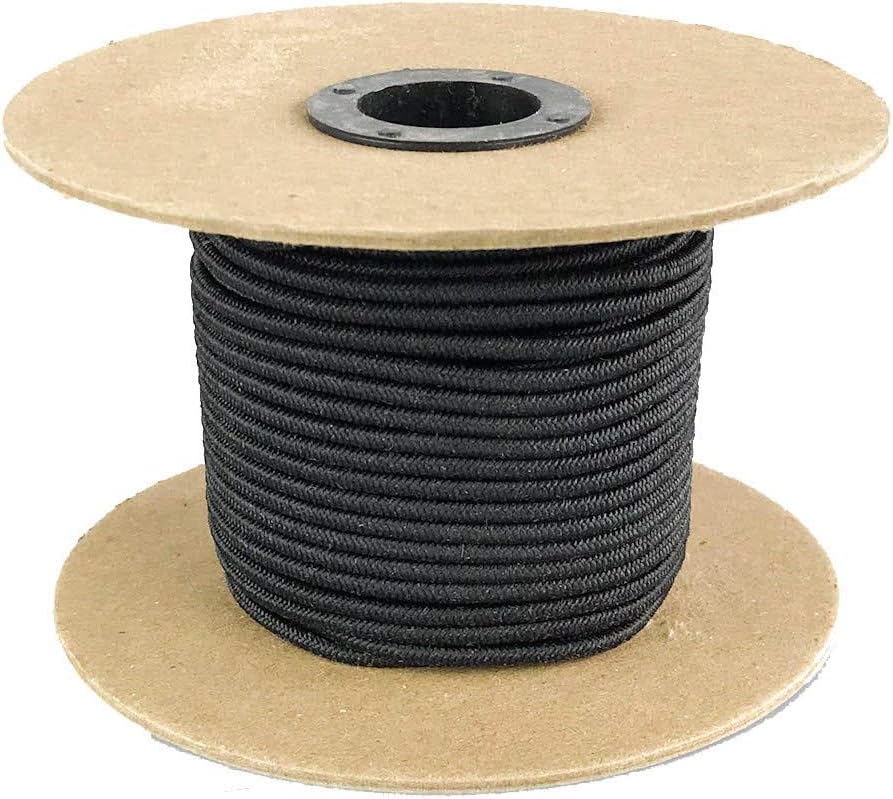 Elastic Bungee Cord. 3/16", 3/8", 1/4", 5/16", 1/8". 50 and 100 Foot Spools. Weather and Abrasion Resistant. Used for Tie Downs, Crafting, DIY Projects. Black Shock Cord. Made in the USA