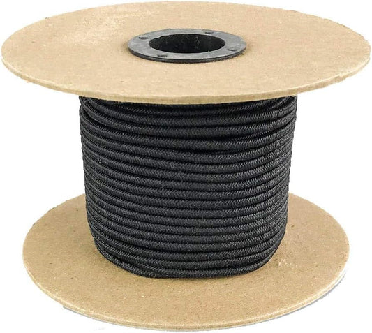 Elastic Bungee Cord. 3/16", 3/8", 1/4", 5/16", 1/8". 50 and 100 Foot Spools. Weather and Abrasion Resistant. Used for Tie Downs, Crafting, DIY Projects. Black Shock Cord. Made in the USA