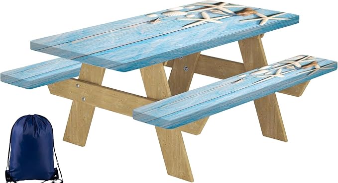 CAPSCEOLL Picnic Table Cover with Bench Covers Waterproof Camping Tablecloth Sea Shells Outdoor Table Protector with Drawstring Bag for Camping Essentials, 72X30in, Summer Blue Wood
