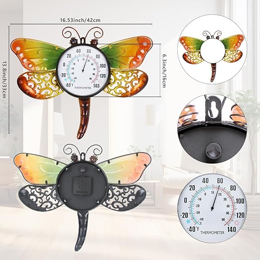 16.5" Outdoor Thermometer, Dragonfly Indoor Thermometer No Need Battery, Metal Wall Thermometer for Patio Room Decor