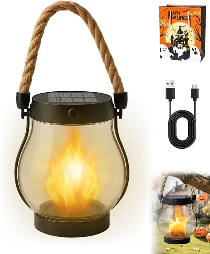 Solar Lantern Outdoor lamp - Waterproof Type Solar Flame lamp Can be Hung and Features Dancing Flames. Hemp Rope Suspended Flame Lantern, Dual Charging Mode, Smoke-Free (1PC)