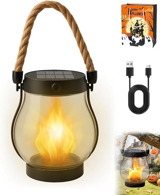 Solar Lantern Outdoor lamp - Waterproof Type Solar Flame lamp Can be Hung and Features Dancing Flames. Hemp Rope Suspended Flame Lantern, Dual Charging Mode, Smoke-Free (1PC)