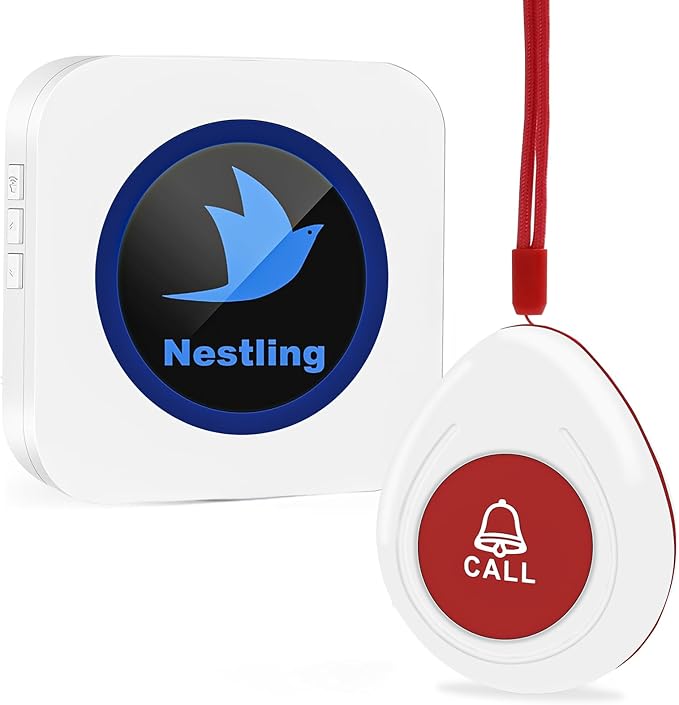 Nestling® Wireless Caregiver Pager SOS Call Button Nurse Alert System Call Bell for Elderly Monitoring Patient Disabled 1 Waterproof Panic Call Button & 1 Plugin Receiver