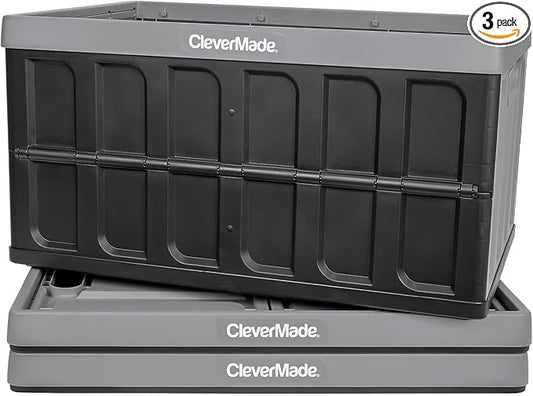 CleverMade Collapsible Storage Bins - Stone 3 Pack 62L / 16 Gal holds 100 lbs - Stackable Containers Heavy Duty Capacity Crates Space-Saving