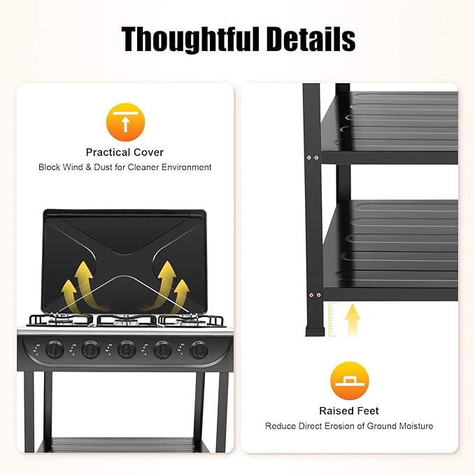 5 Burners Natural Gas Stove with Placement Boards, Portable Camping Stove with Non-Slip Bottom Feet, Propane Gas Stove for Camping Outdoor Cooking Tailgating, Black