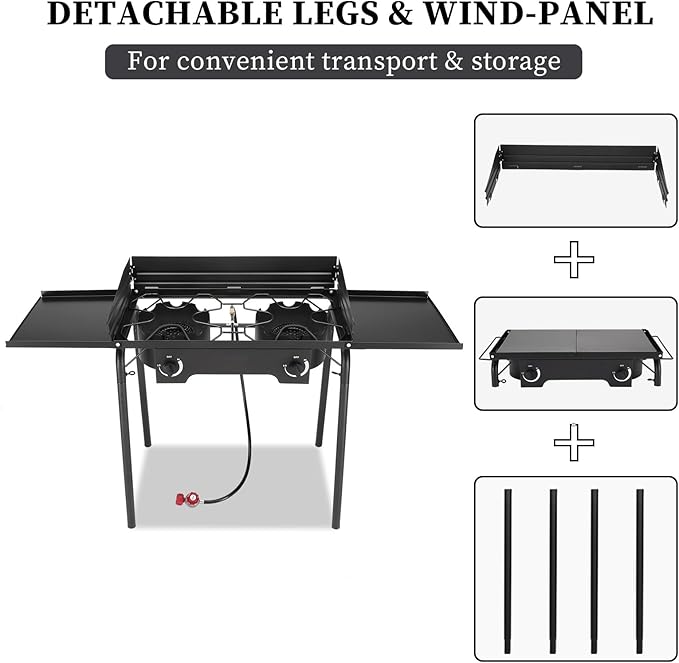 Bonnlo 2 Burners Propane Gas Stove, 150,000 BTU Portable Outdoor Camp Cooker Stove with Regulator, Side Shelves, Foldable Windpanel, Adjustable Height & Carrying Bag for Backyard, Camping, Tailgating