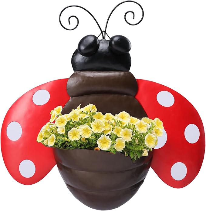 Metal Wall Planter Ladybug Wall Mounted Planters Small Flower Pot with Drainage for Indoor Outdoor Farmhouse Hanging Planter Succulent Plant Container Vertical Garden Yard Decor