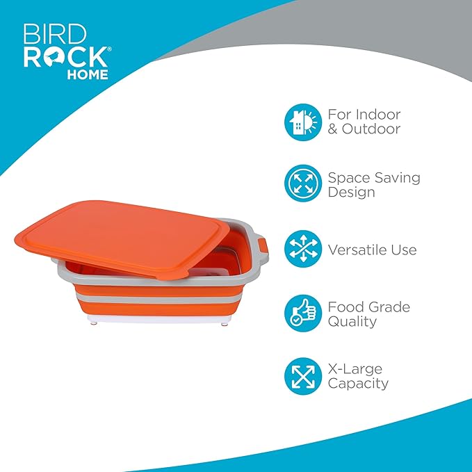 BIRDROCK HOME Collapsible XL BBQ Prep Tub w/Cutting Board, Multi-Function Grill Caddy w/Colander & Lid, Portable Silicone Dish Bowl for Picnic, Tailgate, Camping - Orange