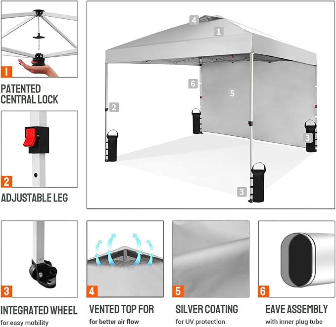 CROWN SHADES 10x10 Pop Up Canopy with 1 Side Wall - Beach Tent with One Push Setup - Outdoor Sun Shade for Events, Parties, Camping - Gazebo with STO-N-Go Cover Bag (White)