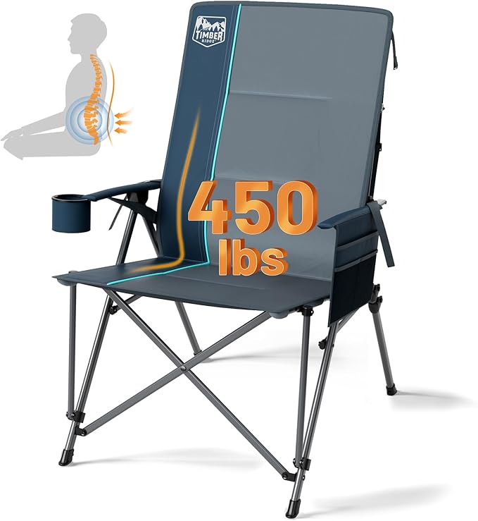 TIMBER RIDGE Oversized Camping Chair with Lumbar Support, Portable Folding Chair Heavy Duty for Adults Supports 450 LBS for Outdoor Camping, Lawn, with High Back, Cup Holder, Side Pocket - Blue