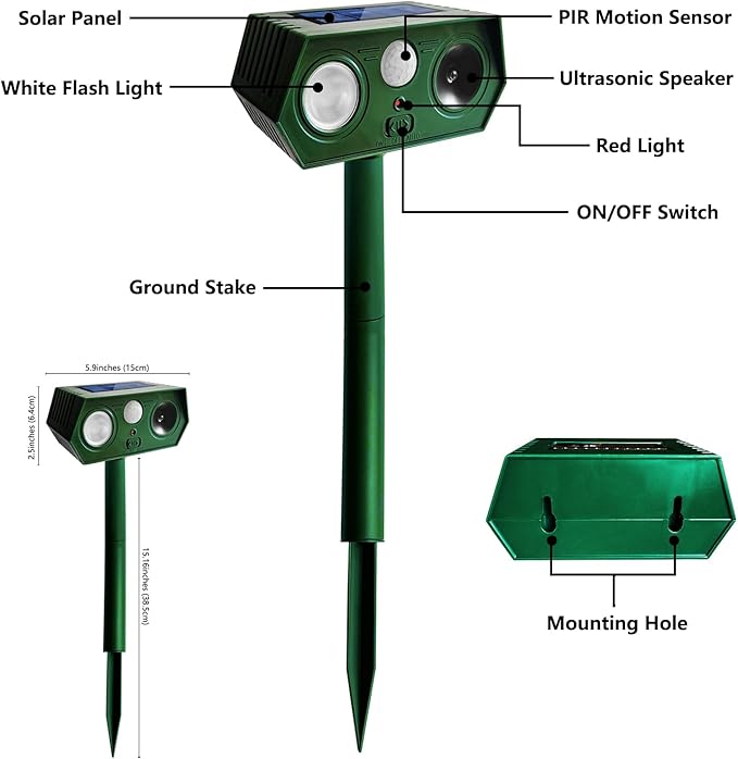 4 Pack 2025 Solar Animal Repeller Deer Repellent Devices Ultrasonic Cat Repellent Outdoor Motion Activated Animal Deterrent for Squirrel Rabbit Raccoon Skunk Dog Bird with Flash Lights for Yard Garden