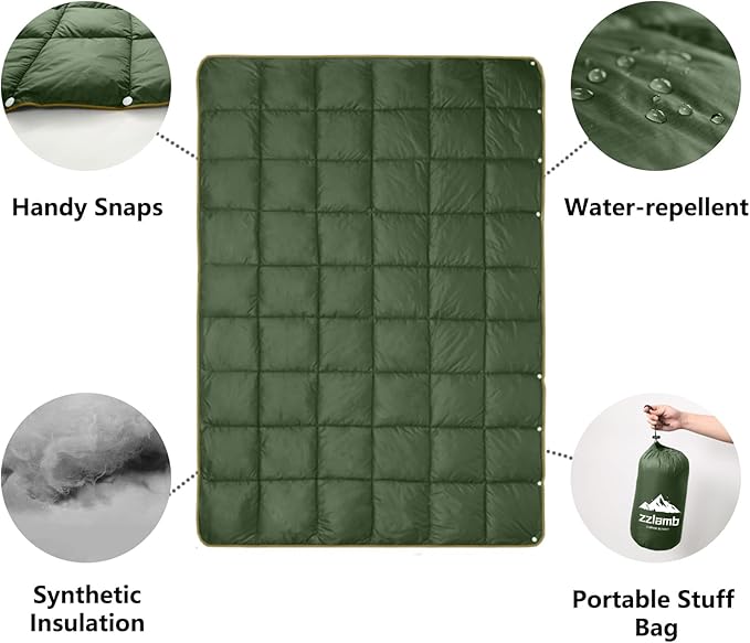 zzlamb Camping Blanket, Compact Lightweight Soft Puffy Blanket Water-Repellent, Packable Warm Quilt Down Alternative Picnic Hiking Backpacking Beach Travel RV Airplane Couch Car