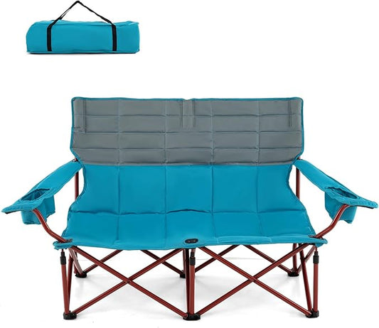 Tangkula 2 Person Oversized Camping Chair, Fully Padded Folding Loveseat Camp Chair with Adjustable Armrests, Cup Holders, Carrying Bag, Portable Double Outdoor Lawn Chair for Camping