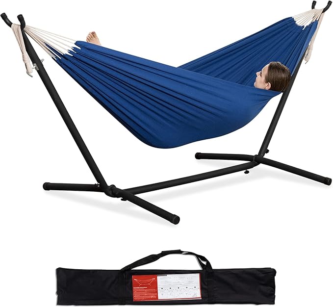 PNAEUT Double Hammocks with Stand for Outside, Portable Space Saving Heavy-Duty Steel Stand for Indoor Outdoor Patio with Carrying Bag, 450 lbs Capacity (Navy)