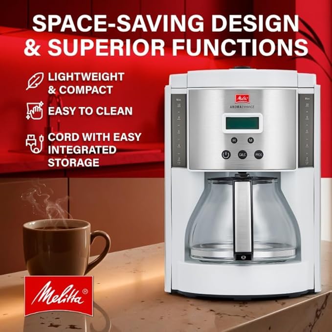 Melitta Aroma Series Programmable Drip Coffee Makers Parent (Aroma Enhance White 10 Cups) with 5-Pack Coffee Filter