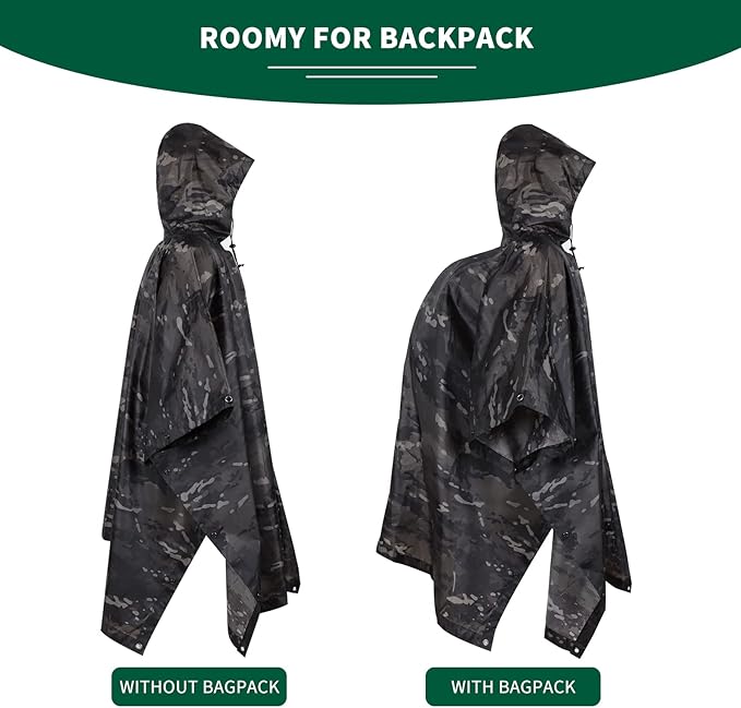 GRVCN Military Rain Poncho, Camouflage Raincoat Outdoor Waterproof Lightweight