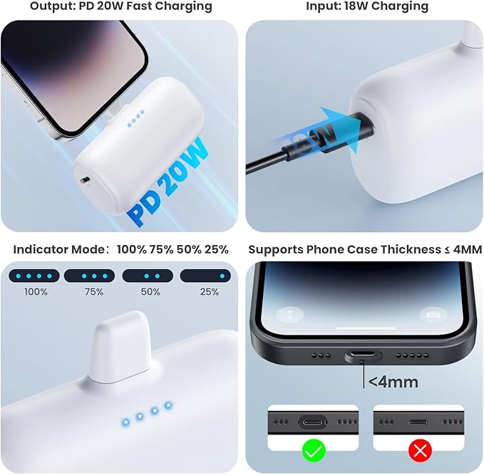 [2-Pack] Mini Portable Charger for iPhone,5200mAh Ultra Compact PD Fast Charging Power Bank,Plug-in Battery Pack Travel Cordless Phone Charger,Compatible with iPhone 14/14Pro/13/12/11/X/8/7/6plus etc