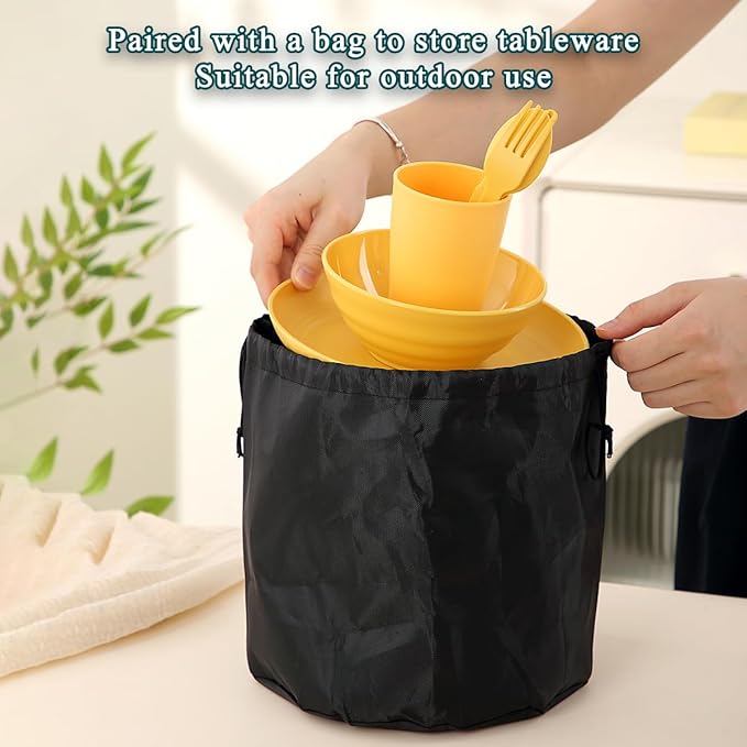 Camping Mess Kit for 4 with Bowl, Plate, Cup, Spoon, Fork, Knife and Carry Bag, Plastic Camping Accessories Essentials Gear for Travel, Picnic, Outdoor, Easy to Carry & Store