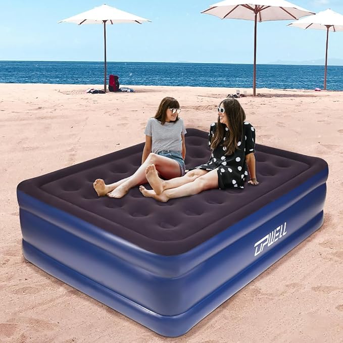 UPWELL Inflatable Air Mattress Queen with Built in Pump Comfort Blow up Bed Waterproof Fast&Easy Set up Dura Beam Strong Support Mattress for Home Guests & Camping Navy Blue
